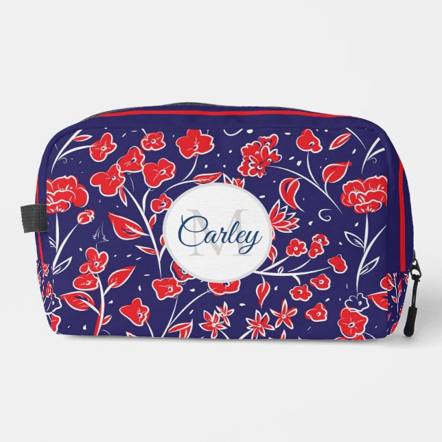 Pretty Vibrant Red Blue Floral Personalised Dopp Kit (Front)