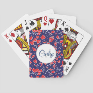 Pretty Vibrant Red Blue Floral Personalised Playing Cards