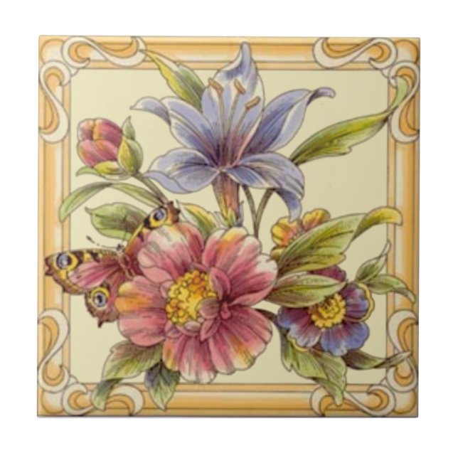 Pretty Victorian Floral Hand Coloured Reproduction Ceramic Tile (Front)