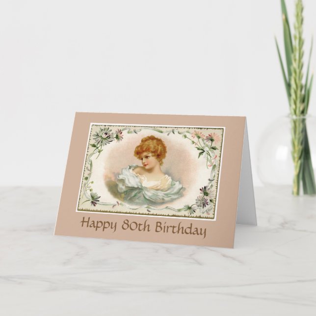 Pretty Victorian Lady Floral 80th Birthday Card (Front)