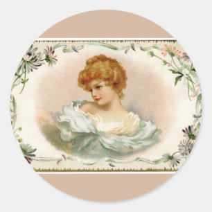 Pretty Victorian Lady Floral Beige Classic Round Sticker