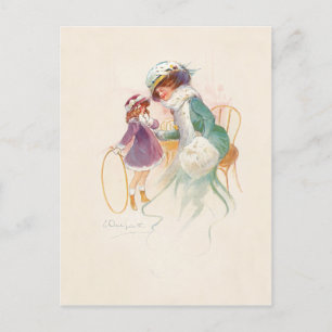 Pretty Victorian Mother in Ermine with Daughter Holiday Postcard