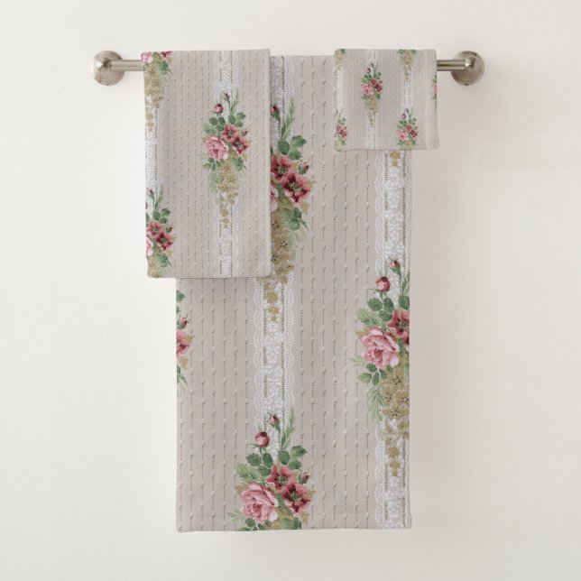 Pretty Victorian Pink Roses and White Lace Bath Towel Set (Insitu)