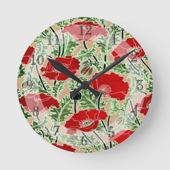 Pretty Vintage Art Nouveau Red Poppy Round Clock (Front)