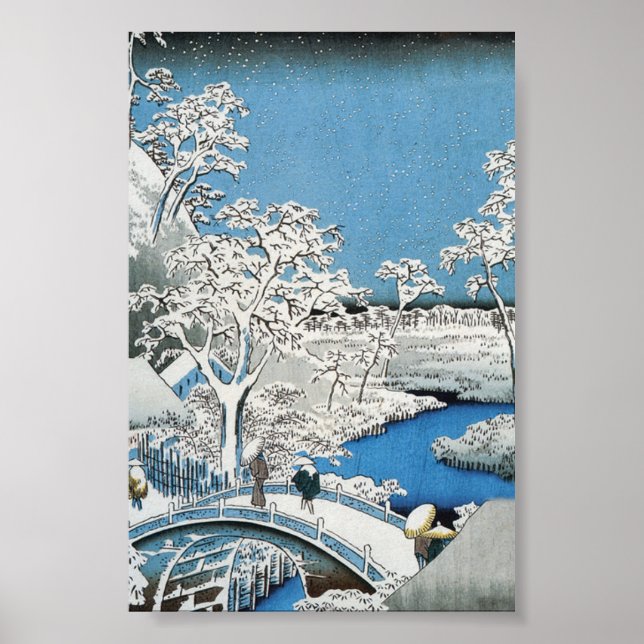 Pretty Vintage Asian Winter Scene Snow Bridge Poster (Front)