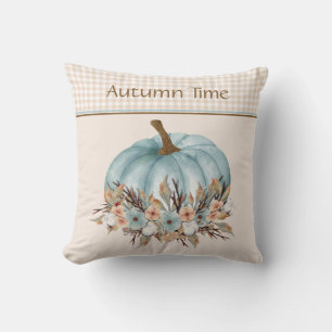 Pretty Vintage Blue Autumn Plaid Floral Pumpkin Cushion