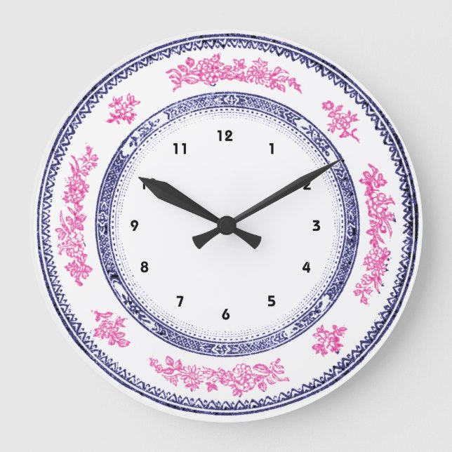 pretty vintage blue pink china delft plate clock (Front)