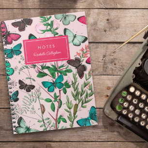 Pretty Vintage Butterflies Pink Teal Name Notebook
