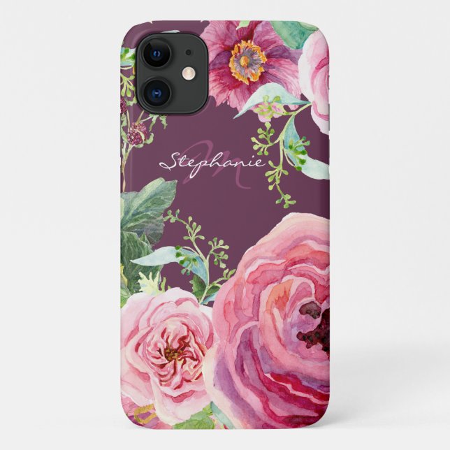 Pretty Vintage Cassis Pink Peony Floral Watercolor Case-Mate iPhone Case (Back)