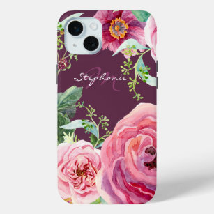 Pretty Vintage Cassis Pink Peony Floral Watercolor iPhone 15 Mini Case