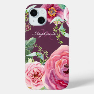 Pretty Vintage Cassis Pink Peony Floral Watercolor iPhone 15 Case