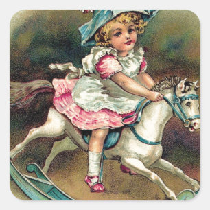 Pretty vintage child on rockinghorse shabbychic square sticker