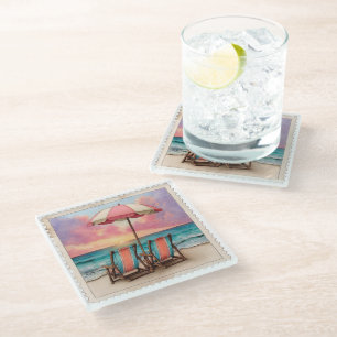 PRETTY VINTAGE DISTRESSED SUMMER BEACH SCENE GLASS COASTER