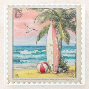 PRETTY VINTAGE DISTRESSED SUMMER SURFBOARD GLASS COASTER