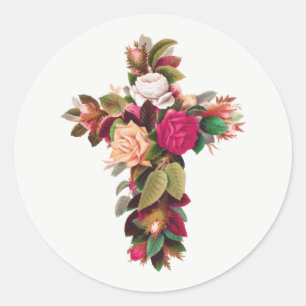 Pretty Vintage Elegant Floral Cross  Classic Round Sticker
