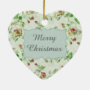 Pretty Vintage Floral Pattern Pink Roses Christmas Ceramic Ornament