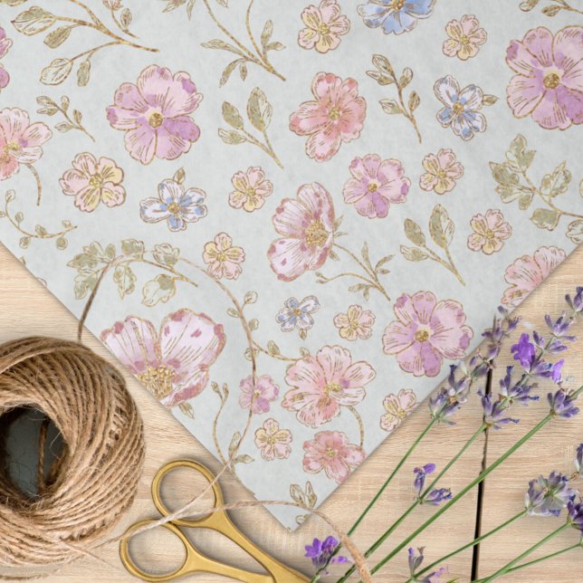 Pretty Vintage Flowers Floral Pattern Tissue Paper (In situ)