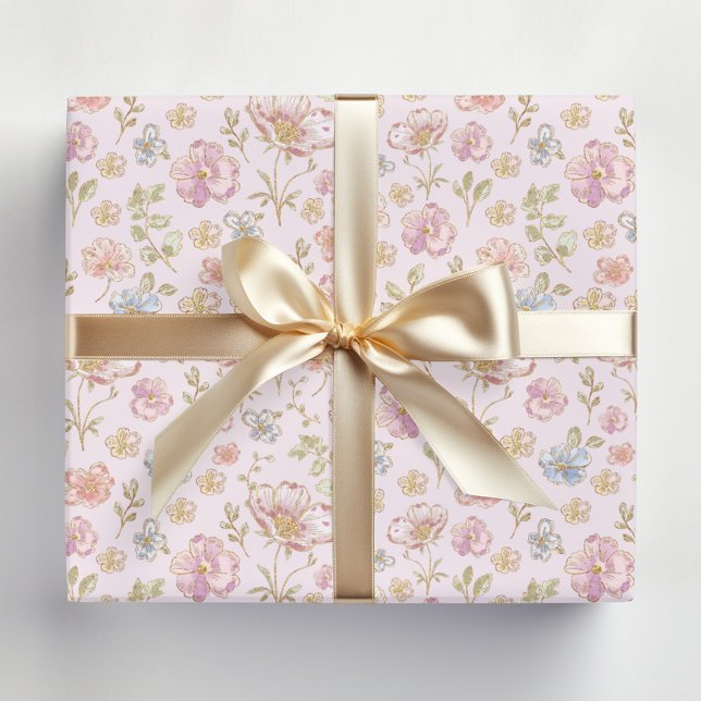 Pretty Vintage Flowers Floral Pattern Wrapping Paper (In situ)