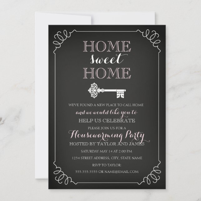 Pretty Vintage Key Chalkboard Housewarming Invite (Front)
