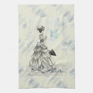 Pretty Vintage Lady And Blue Flowers Tea Towel
