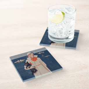 Pretty Vintage Lady Holding Scotty Dog by Ocean Glass Coaster