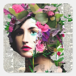 Pretty Vintage Lady Paper Collage Art Square Sticker