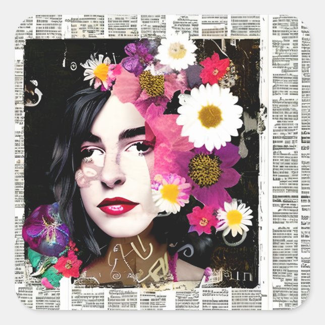 Pretty Vintage Lady Paper Collage Newspaper Square Sticker (Front)