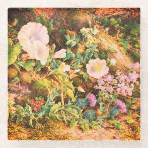 Pretty Vintage petunias flowers floral painting Glass Coaster
