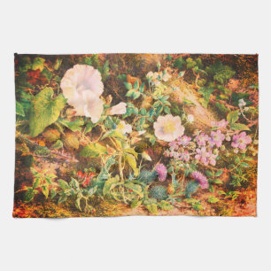 Pretty Vintage petunias flowers floral painting Tea Towel