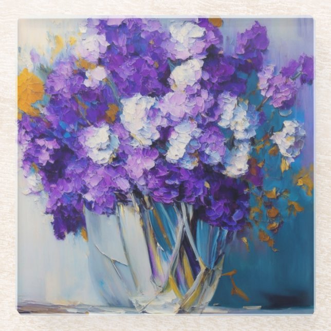 Pretty Vintage Purple Flowers Glass Coaster (Front)