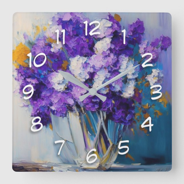 Pretty Vintage Purple Flowers Square Wall Clock (Front)