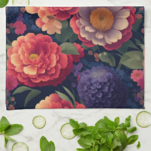 Pretty vintage red Orange purple mum peony floral  Tea Towel
