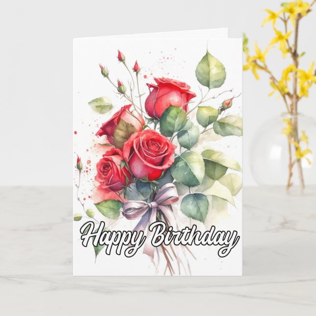 Pretty Vintage Red Roses Card (Yellow Flower)