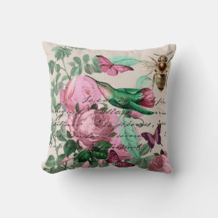 Pretty Vintage roses with humming birds and bee Cushion