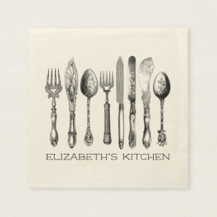 Pretty Vintage Silverware, Name and Text Napkin