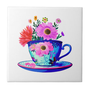 Pretty Vintage Teacup with Pink Flowers Ceramic Tile