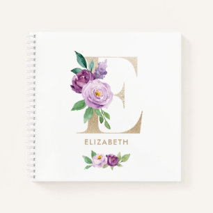 Pretty Violet Floral Gold Foil Letter E Monogram Notebook