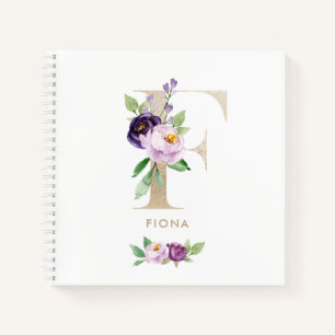 Pretty Violet Floral Gold Foil Letter F Monogram Notebook