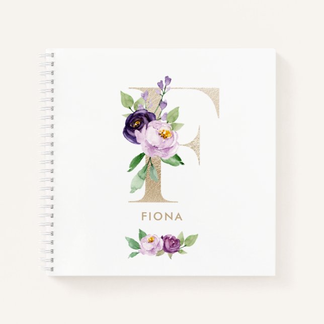Pretty Violet Floral Gold Foil Letter F Monogram Notebook (Front)