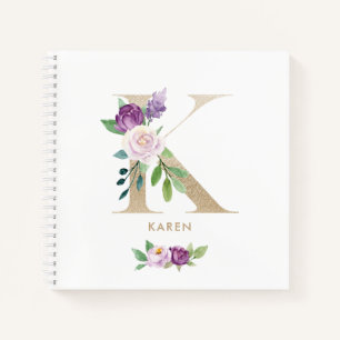Pretty Violet Floral Gold Foil Letter K Monogram Notebook