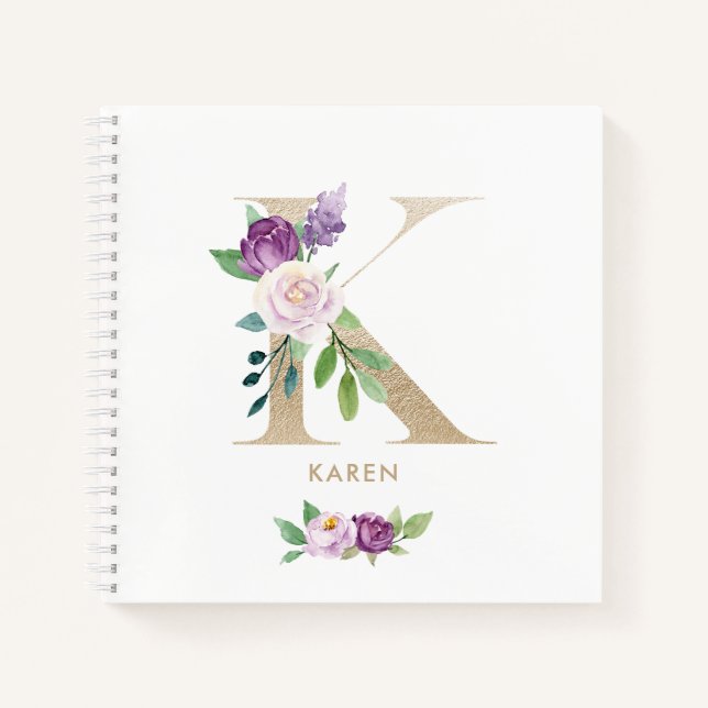 Pretty Violet Floral Gold Foil Letter K Monogram Notebook (Front)