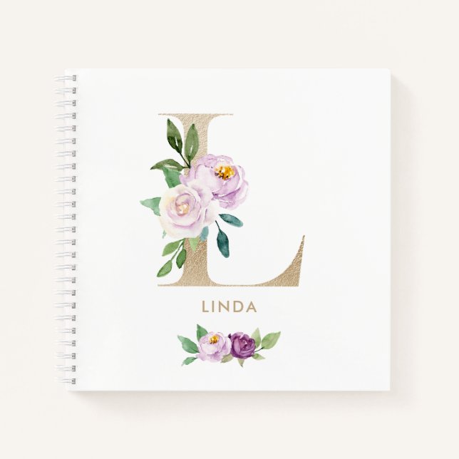 Pretty Violet Floral Gold Foil Letter L Monogram Notebook (Front)