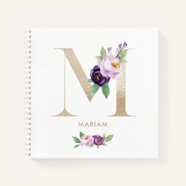 Pretty Violet Floral Gold Foil Letter M Monogram Notebook (Front)