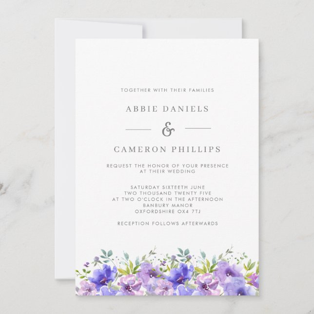 Pretty Violet Floral Wreath Wedding Invitation (Front)