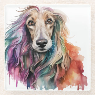 PRETTY WATERCOLOR AFGHAN HOUND FACE GLASS COASTER