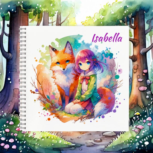 Pretty Watercolor Anime Girl and Fox Birthday Notebook (Creator Uploaded)