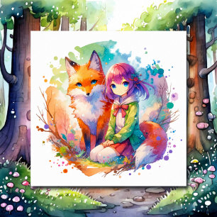Pretty Watercolor Anime Girl and Fox Poster