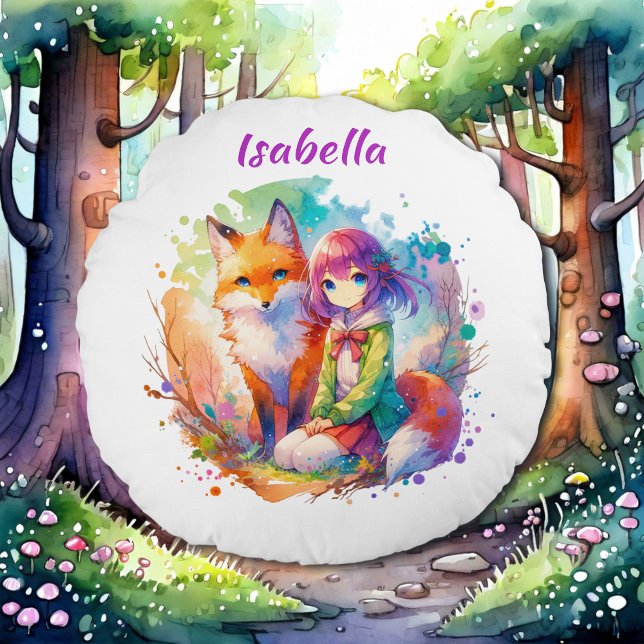 Pretty Watercolor Anime Girl and Fox Round Cushion (Creator Uploaded)