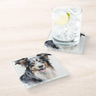 PRETTY WATERCOLOR AUSTRALIAN SHEPHERD DOG GLASS COASTER