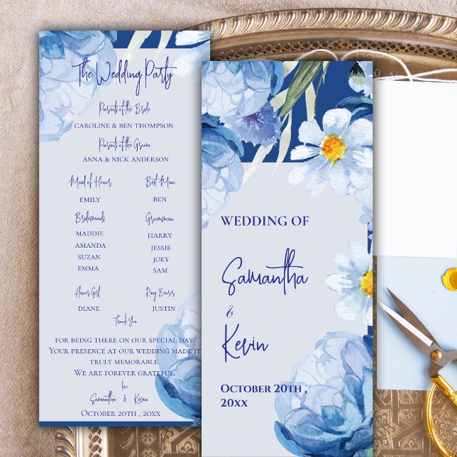 Pretty Watercolor Blue Floral Wedding Program (Pretty Watercolor Blue Floral Wedding Program)